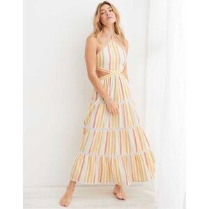 Aerie Striped Cut Out Halter Maxi Dress Pastel Size XL‎ NWT